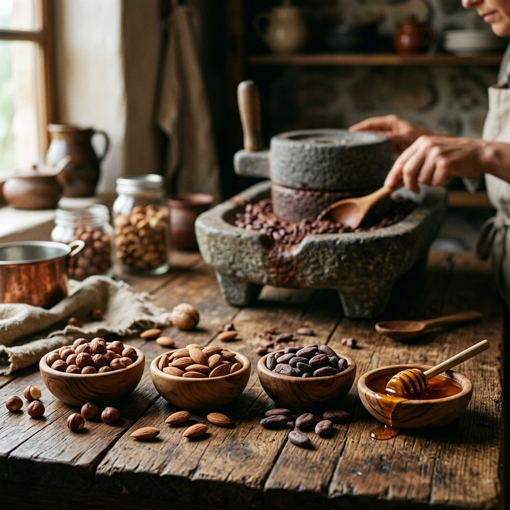 Ingredientes naturais saudáveis e moinho de pedra artesanal